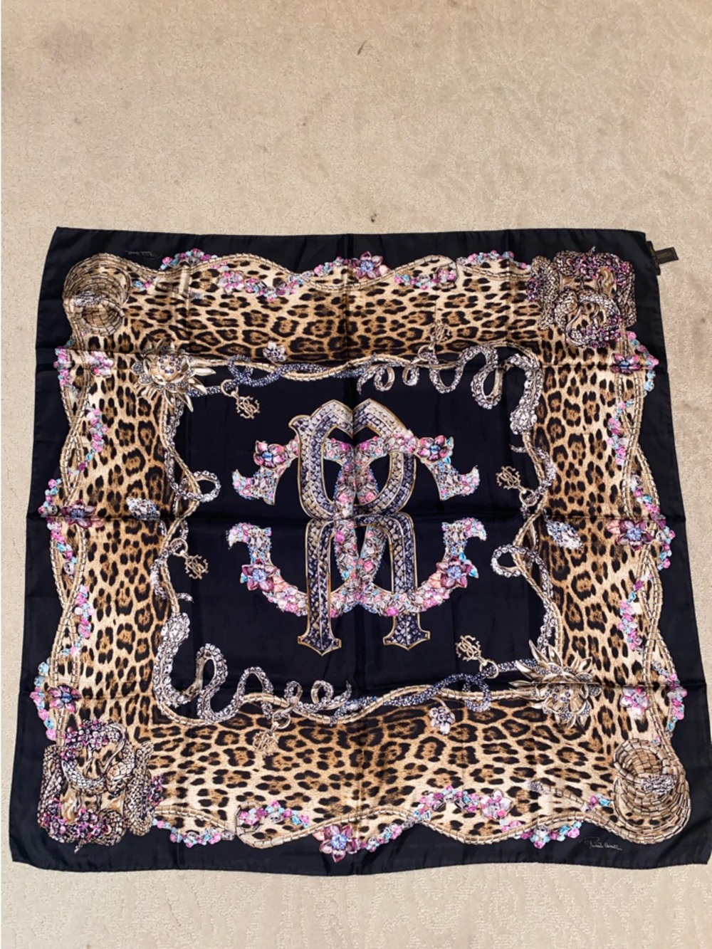 Roberto Cavalli Leopard & Chain Print Silk Scarf in Black and Brown